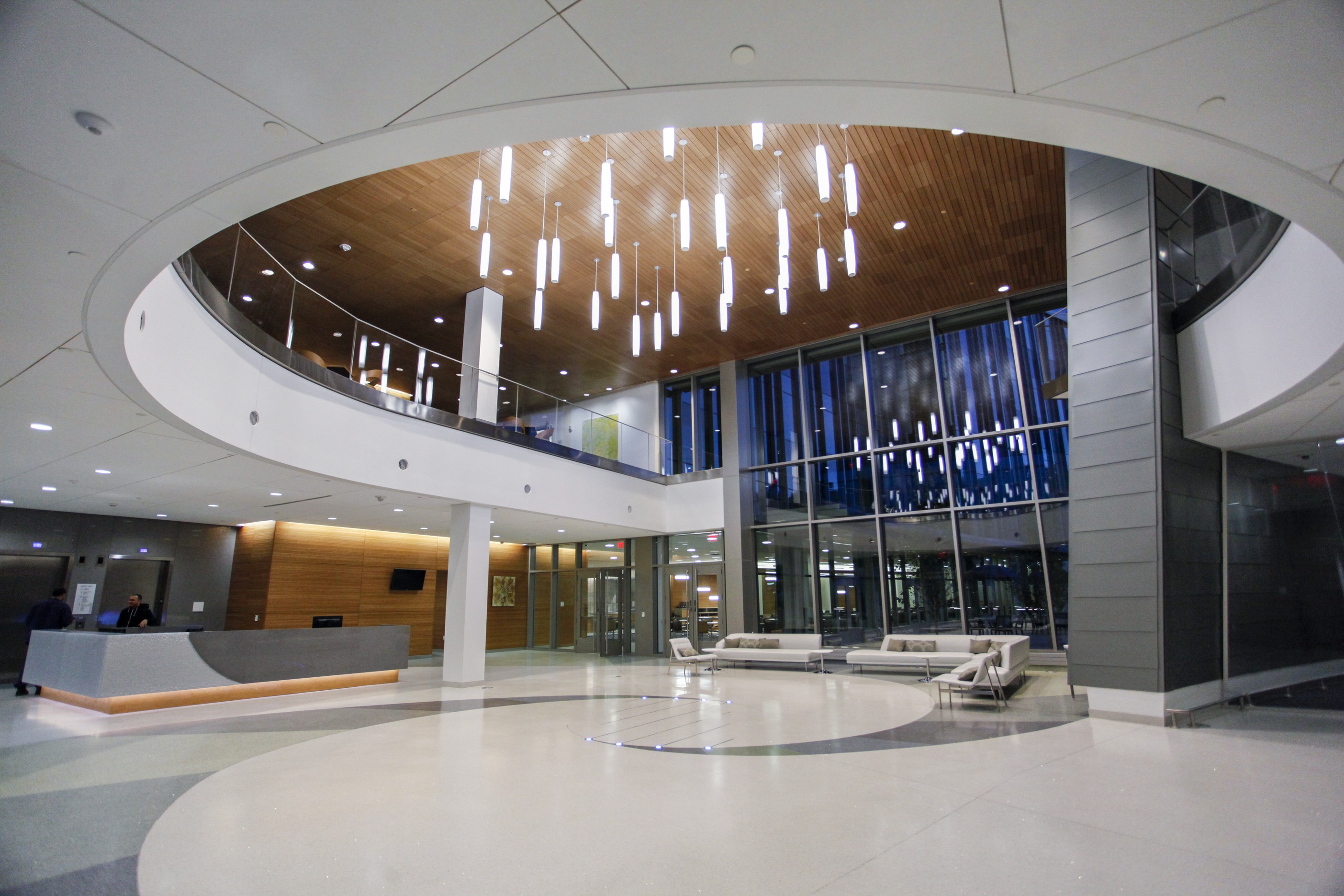 Lobby of The Jackson Laboratory for Genomic Medicine at twilight.